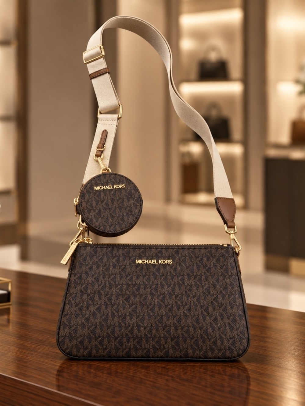 MICHAEL KORS Jet Set Travel Small Crossbody Bag Tech Attached MK Signature Brown